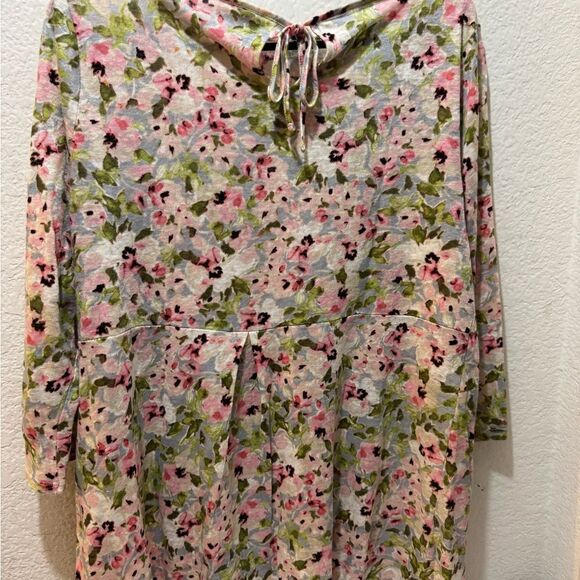 J.Jill Love Linen Floral Tie Keyhole Back 3/4 Sleeve Slubbed Knit Tunic Blouse - Picture 4 of 6